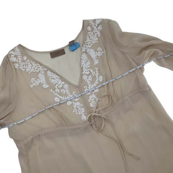 Sheer Beige silk Long Sleeve Embroidered Blouse Tie Waist  flowy boho feminine m - Picture 5 of 9